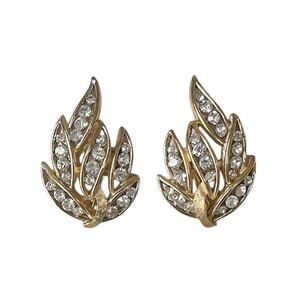 1960s Crown Trifari Gold Plate White Rhinestones Curved Leaf Clip On Earrings